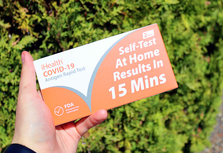 Photo of an iHealth COVID-19 home test kit